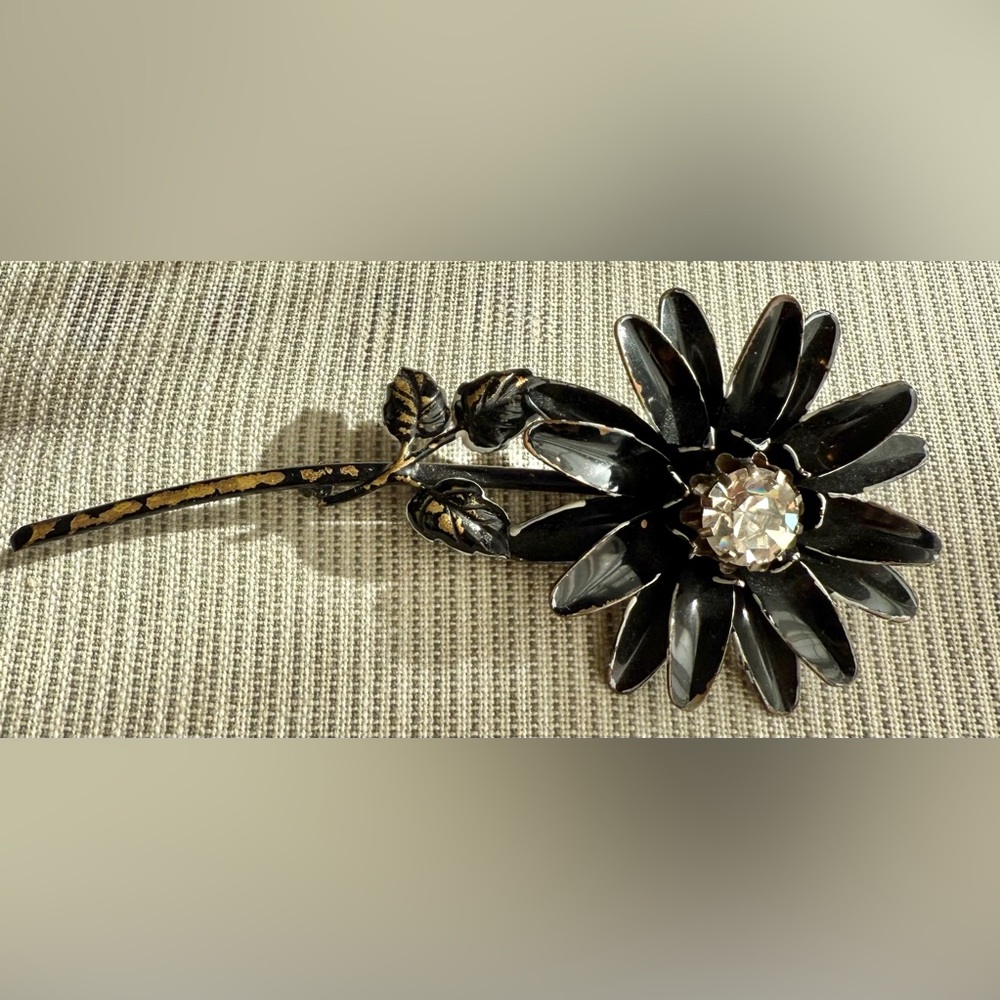 Rare Francois Coro Enamel Metal Daisy large Flower BroochBlack w/Rhinestone